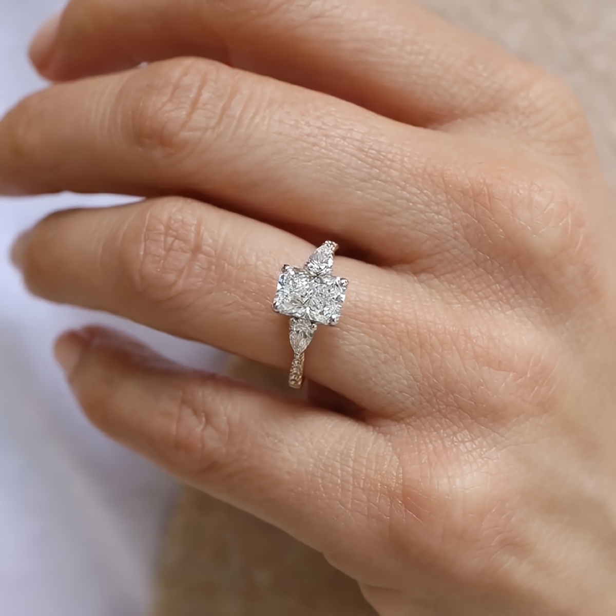 2ct Rectangular Moissanite Engagement Ring S925 Silvery with Pearlescent Edge